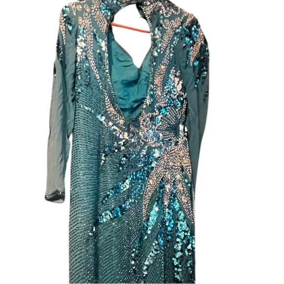 Demetrios Designs Turquoise 80s 90 Beaded Evening Gown Sz M Long Sleeve Cut Out - Picture 5 of 11